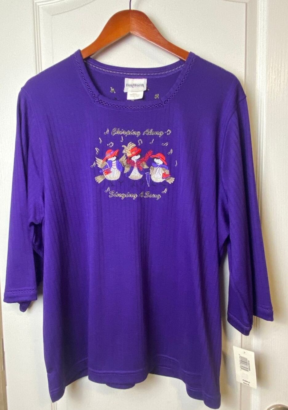 Bon Worth Red Hat Society Purple Embroidered Singing Blouse Women's X-Large NWT